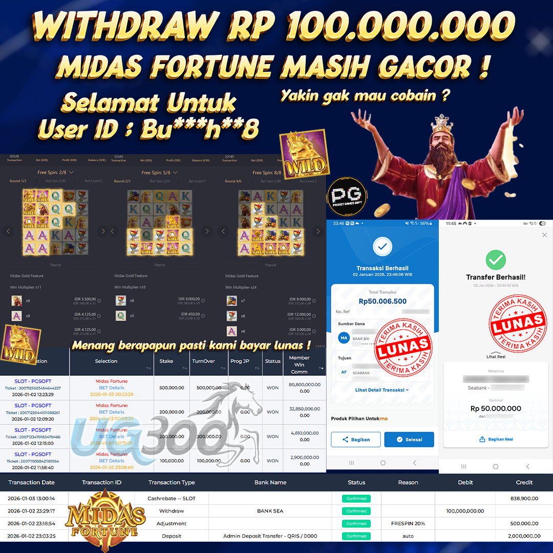 UG300 BERMAIN DI MIDAS FORTUNE PG SOFT JACKPOT Rp.100,000,000- DI BAYAR TUNTAS